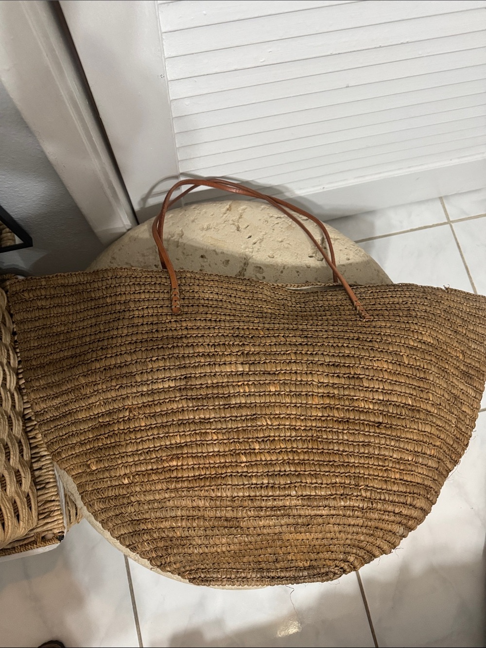 Athleta Woven Straw Tote Bag with Tan Leather Handles